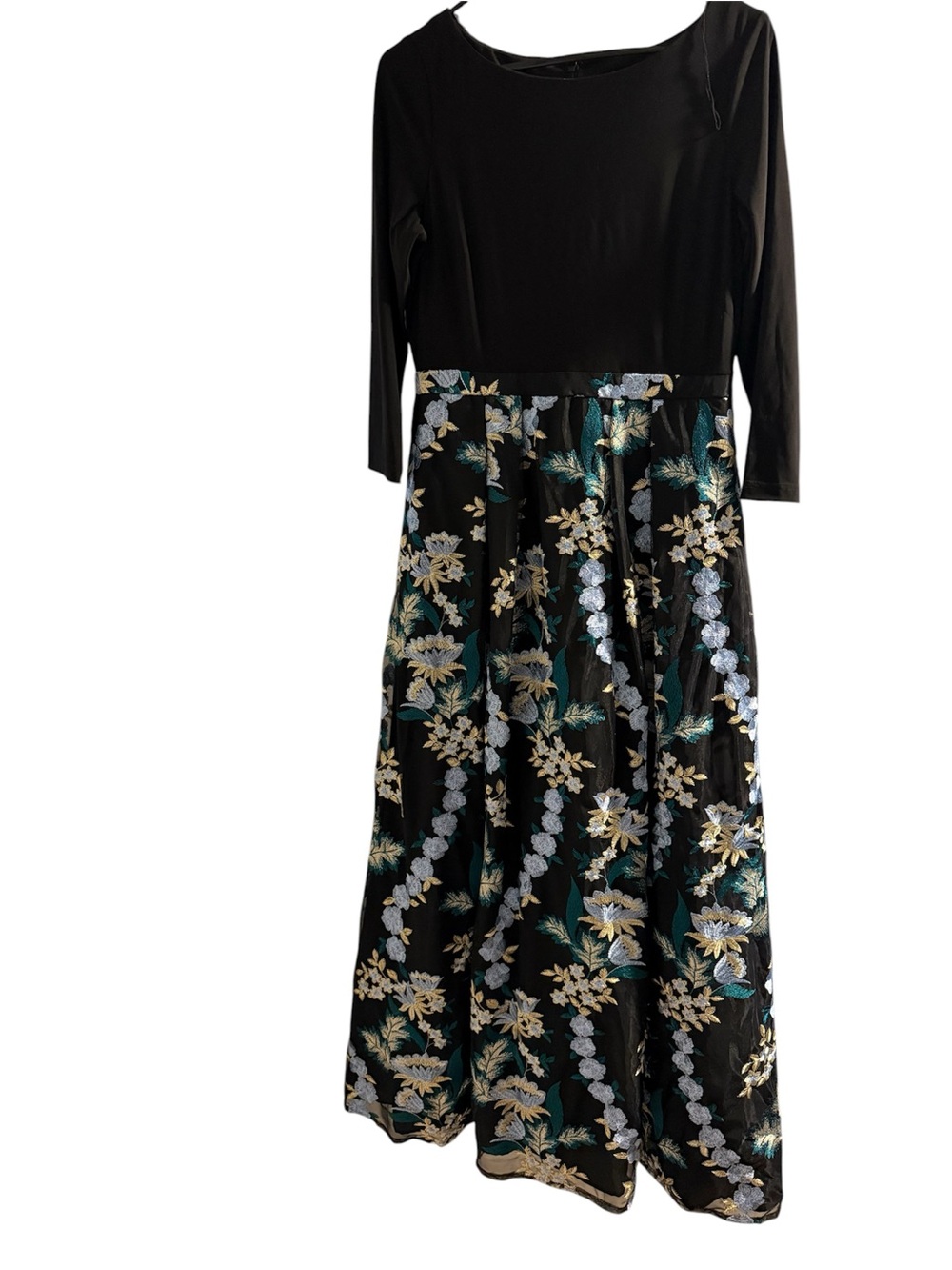 Black Floral Cocktail Dress with Green and Gold Accents